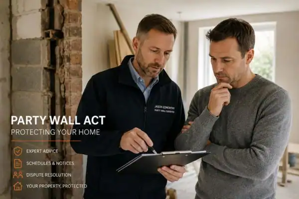 Party wall surveyor Mansfield discussing extension plans with homeowner outside a UK semi-detached house.